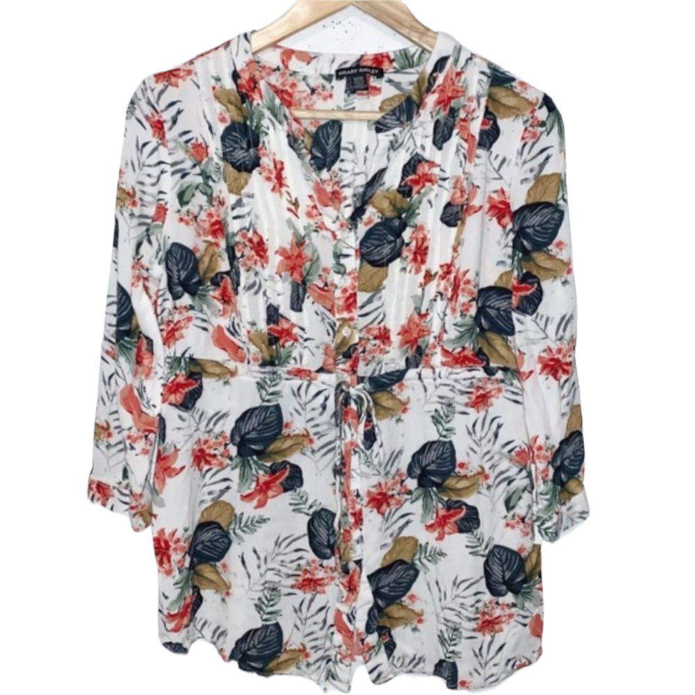Hilary Radley Floral Long Sleeve Feminine Blouse Cinched Tie Waist Size Medium
